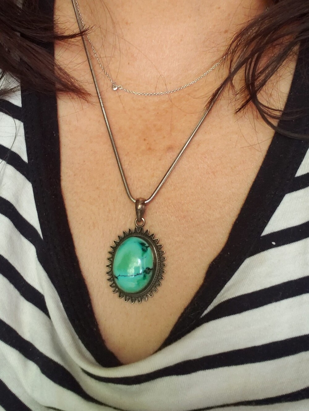 Vintage Tibetan Turquoise 925 Oval Pendant Necklace  Necklace